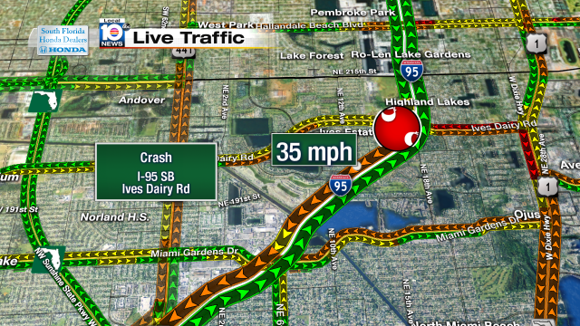 Crash on I-95 SB at Ives Dairy Rd. Speeds at 35mph #traffic #miami @JeniseFernandez http://t.co/o8NxM85ihU