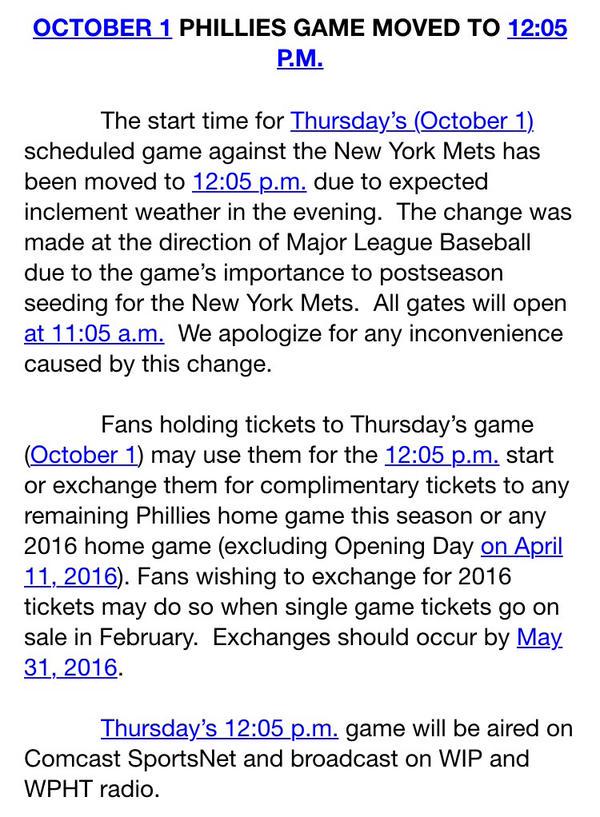 Start time for tomorrow's scheduled game vs NYM has been moved to 12:05 pm. Please see attached for further info.