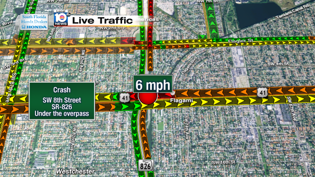 Crash under the SR-826 overpass at SW 8th St. Speeds at 6mph #traffic #miami @JeniseFernandez http://t.co/m1x0MukXE9