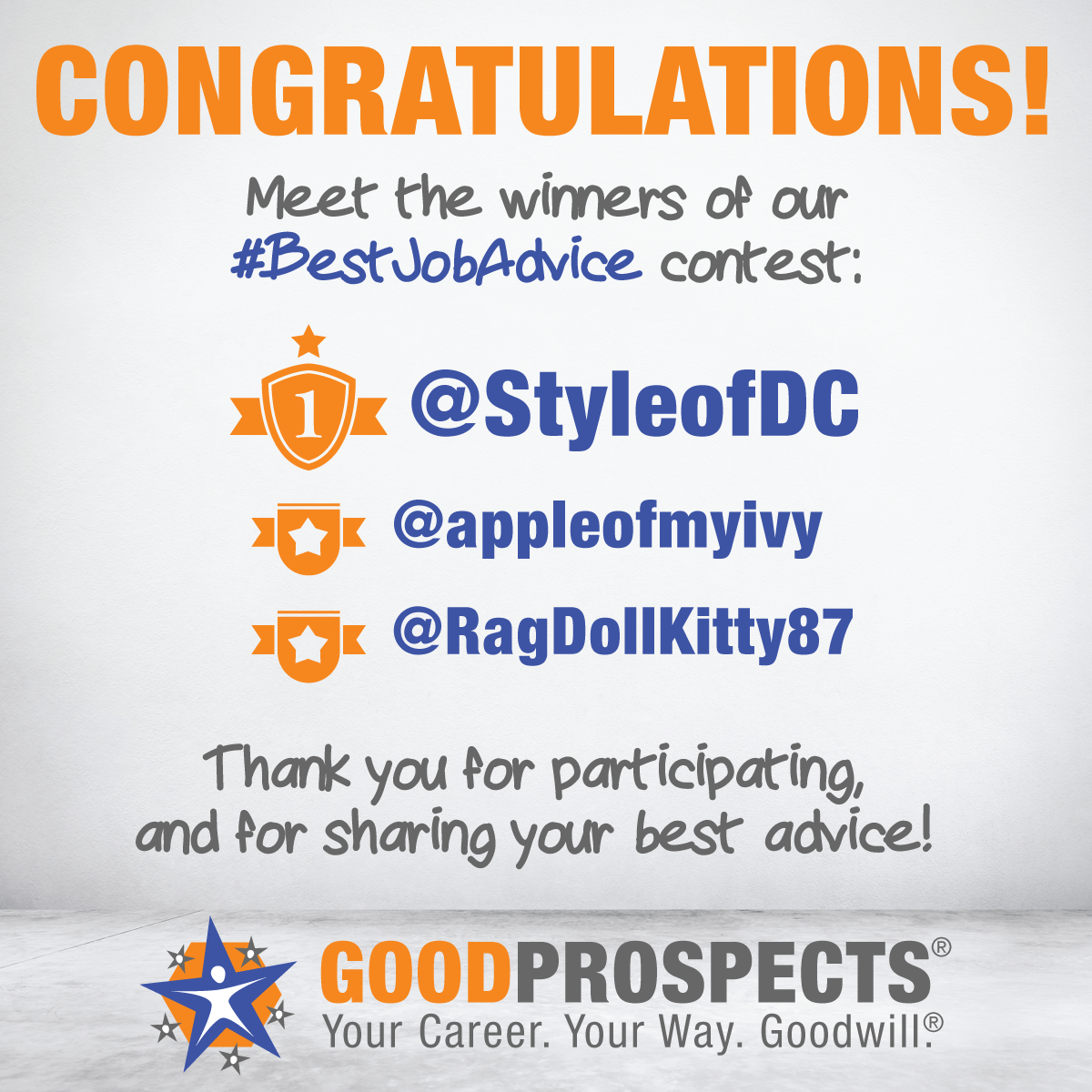 GoodwillIntl's tweet photo. Congrats to the #BestJobAdvice contest winners: @StyleofDC, @appleofmyivy, @RagdollKitty87! http://t.co/3lZpOgnPeW http://t.co/uj2oD81abM