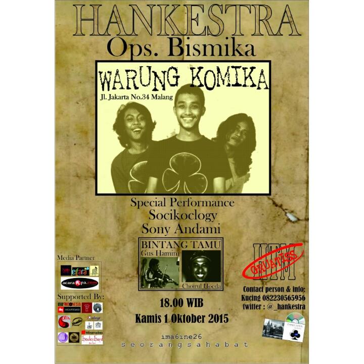 Nanti Di @warungkomika kamis, 01 okt 2015 jam 18:00
Ada : Nomad, <a href="/HARMONIORA/">Harmoniora</a> <a href="/Andaami7/">Sony Andami</a> , amik brothers, <a href="/socikoclogy/">SOCIKOCLOGY ID</a>