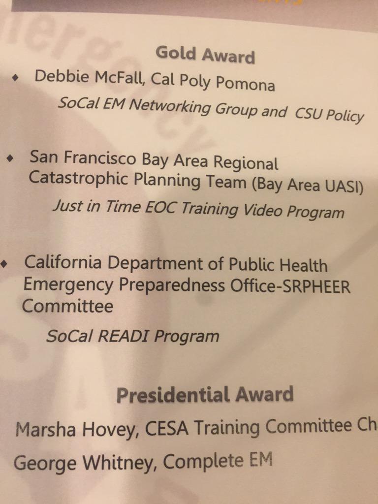CalOES_SoRegion's tweet photo. Congrats to @BayAreaUASI for the #cesa2015 Gold Award for EOC training video program! @JodiTraversaro @Cal_OES http://t.co/pmU7ZEvIsT