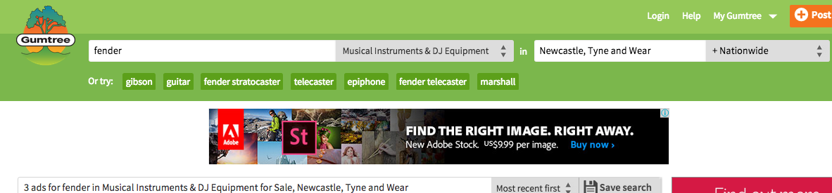 Gasolinejay's tweet photo. @Gumtree Does this search look ok? - 3 results for 'fender' nationwide? Why don't I report it, including screenshots? http://t.co/SLxiYNbHLD