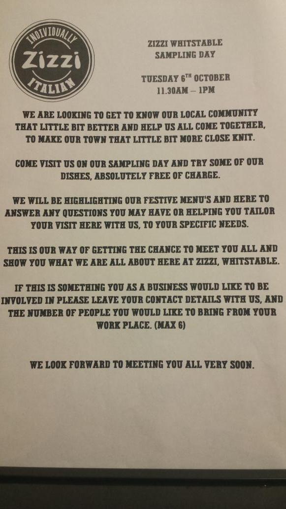 ZizziWhitstable's tweet image. Places are limited!! Call-(01227) 274152 email-whitstable@zizzi.co.uk or tweet us. #SamplingDay #Businesses #Pizza 🍕