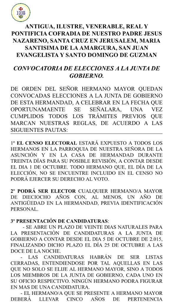 IHS_Aracena's tweet photo. Convocatoria de elecciones a la junta de gobierno de la Hermandad de Ntro Padre Jesús http://t.co/KBQ6xIKiHh