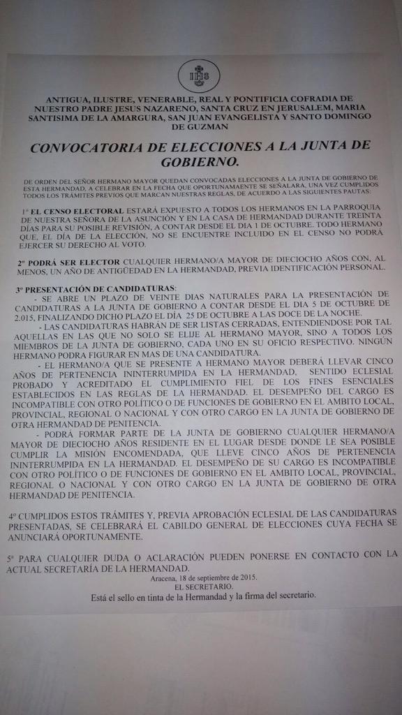 IHS_Aracena's tweet photo. Convocatoria de elecciones a la junta de gobierno de la Hermandad de Ntro Padre Jesús http://t.co/KBQ6xIKiHh