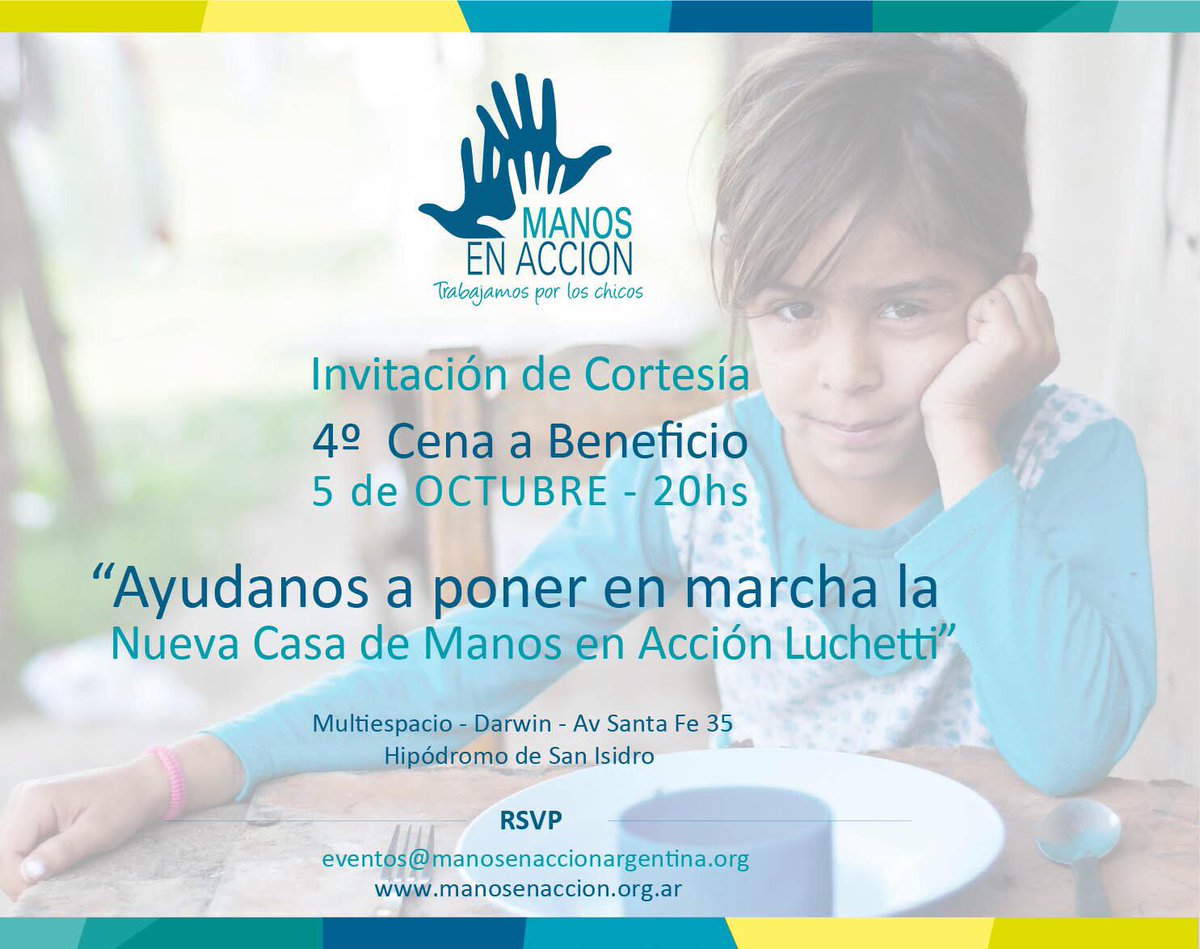 RedCarpetAR's tweet photo. @ManosenAccion Lunes 5/10 Cena a Beneficio Objetivo: recaudar fondos x CASAMANOSENACCIÓN Barrio Luchetti. Te sumas? http://t.co/SYqik7LMIv
