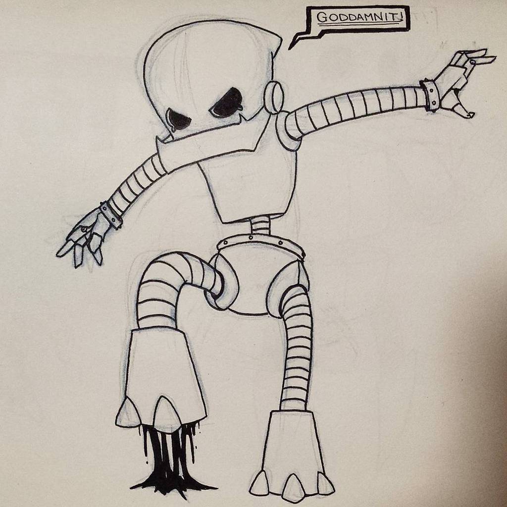 Otherbots's tweet photo. Is that oil? We'll never know.. #todd #robot #illustration #characterdesign #steppedinsomething #goddamnit by lucyi⦠http://t.co/3DY8K4AyYY