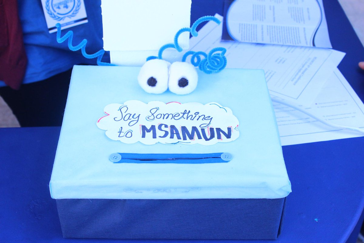 msamun's tweet photo. Meet #MSAMUN's Paper Monster; the Say Something to MSAMUN box!
Visit our booth, and pass us a note!
#MSAMUN15 http://t.co/yNgAQr0l3Y