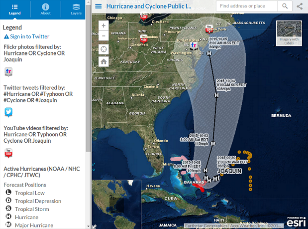 Esri's tweet photo. Track and intensity of Hurricane #Joaquin remain uncertain...follow and be prepared http://t.co/xStAw6RaD3 http://t.co/dDWQ3dDfvD