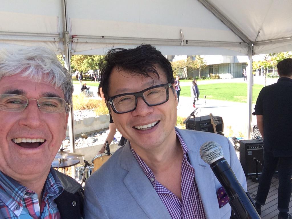 RichardsonYVR's tweet photo. Quick selfie w the MC about-town @FredAboutTown at #UBC100 photo op w son & Dad. #cbcearlyedition http://t.co/wRdCCz8l3m