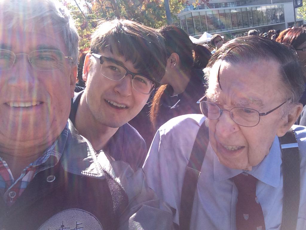 RichardsonYVR's tweet photo. Quick selfie w the MC about-town @FredAboutTown at #UBC100 photo op w son & Dad. #cbcearlyedition http://t.co/wRdCCz8l3m