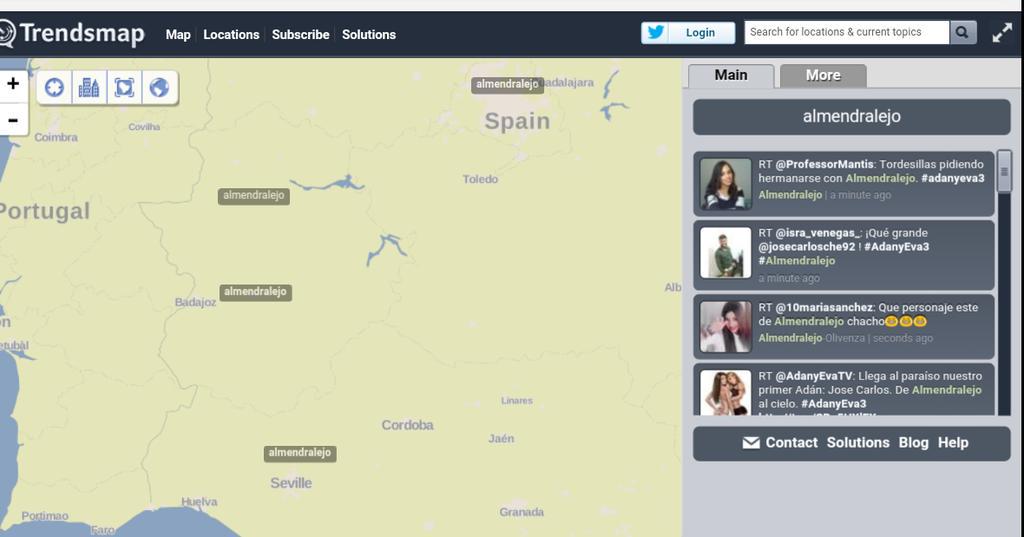 josegonlaz's tweet photo. Almendralejo es tendencia en Madrid, Badajoz, Cáceres, y Sevilla según trendsmap. #AdanYEva3 http://t.co/JnRtg47PM1