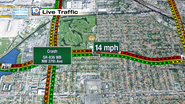 Crash on SR-836 WB at NW 37th Ave. Speeds at 14mph #traffic #miami @JeniseFernandez http://t.co/AVyRI6tPO6