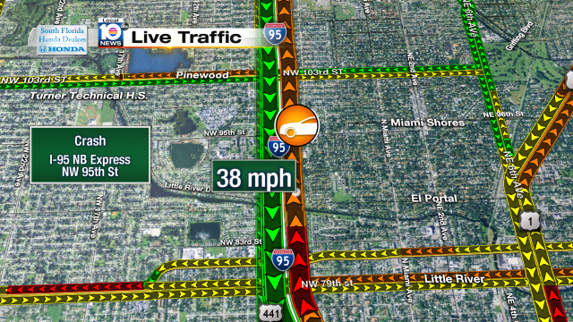 Broken down car on I-95 NB express lanes at NW 95th St. Speeds at 38mph #traffic #miami @JeniseFernandez http://t.co/757z3AZGmX