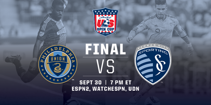 USMNT's tweet photo. .@OpenCup Final is at 7pm ET on ESPN2 &amp; @UnivisionSports. Congrats to @PhilaUnion &amp; @SportingKC for advancing! http://t.co/gC4nUaToms
