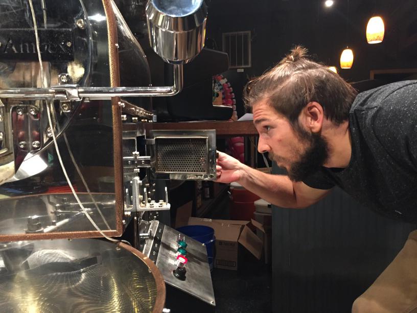 alloy_coffee's tweet photo. @Dare__Wreck checking on the roast. Can't wait to enjoy a cup of the chocolatey Brazil Santos! #projectkijani http://t.co/ylbXxzJYYr