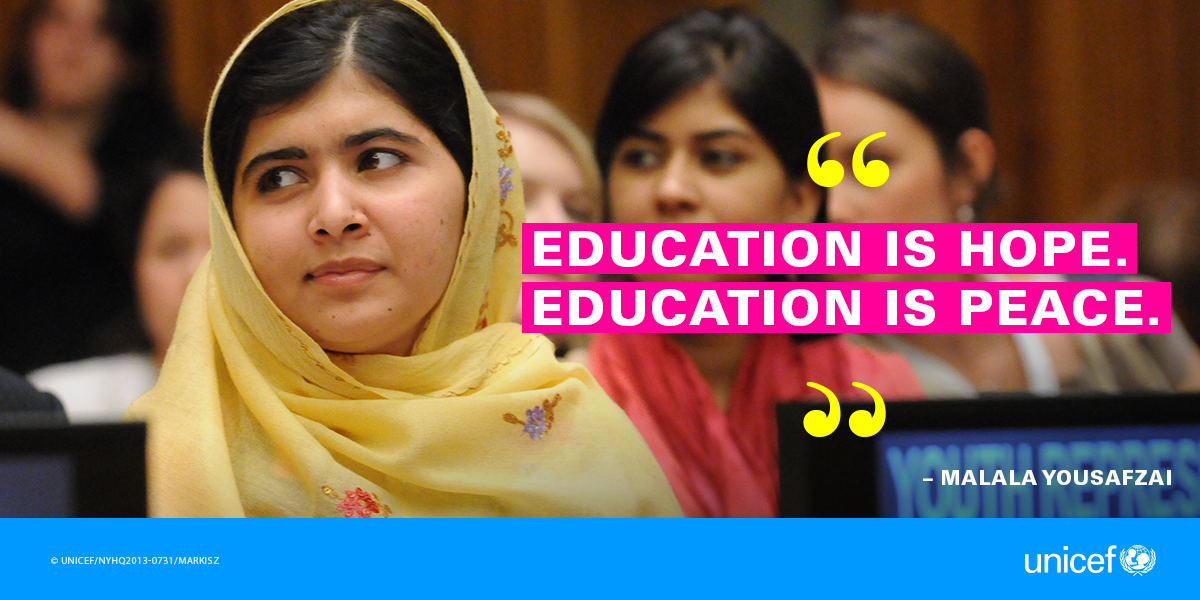UNICEF's tweet photo. The right to an education is a powerful thing. It can change a child, a community, and the world. #Malala #UNGA http://t.co/2S8ekpCLZX