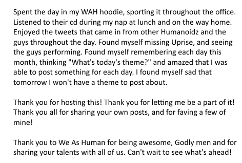 SteadfastOne's tweet photo. Day 30: Final Day
#SupportWAHSeptember @weashuman @the_humanoidz http://t.co/AZneYqBUgR