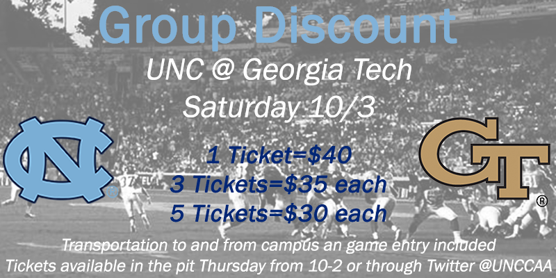 unccaa's tweet photo. We are running group discounts tomorrow for the last day of ticket sales. Bring your friends and help us #wreckgtech! http://t.co/EDwg0JuX0I
