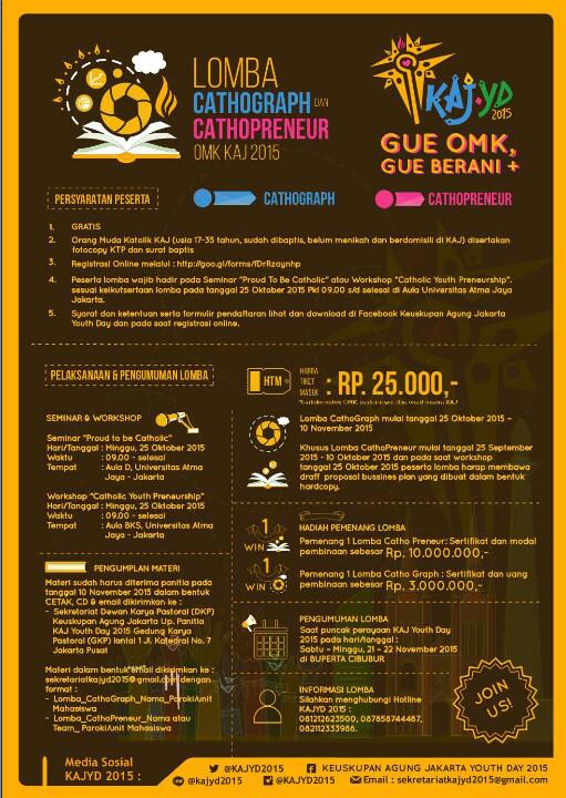 #CathoGraph #CathoPreneur #kajyd2015
Registrasi: goo.gl/forms/fDrRzayn… 
More info: <a href="/kajyd2015/">KAJ Youth Day 2015</a>
#GueOMKGueBeraniPlus