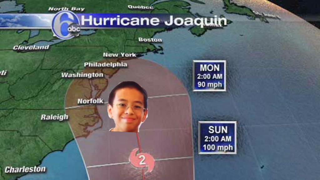 "Here's a live look at the system headed our way. Stay tuned for more info on Hurricane Joaquin. Back to you, Dan."