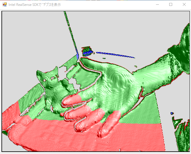 NeoTechLab's tweet image. #RealSense だが、これだけ近距離で撮影しても手の皺が見えない。やはり #KinectV2 の方が距離分解能は高いのだな。