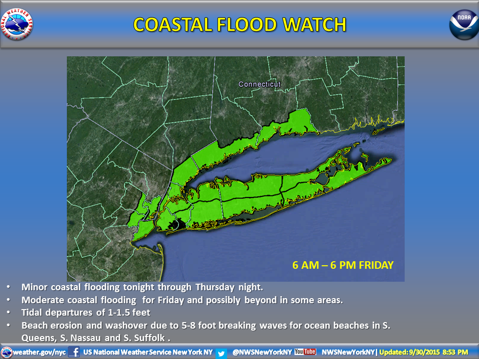 NWSNewYorkNY's tweet photo. A Coastal Flood Watch is in effect from 6 am to 6 pm Friday for portions of our area. View the graphic for more info! http://t.co/l6ERBVf6ai