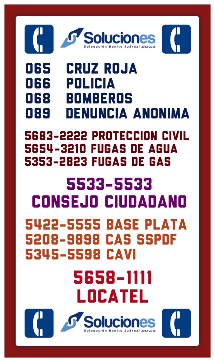 #SolucionesParaTuSeguridadBJ 
56832222 <a href="/SPCCDMX/">Space DMX</a> 
56543210 Fugas de agua 
53532823 Fugas de gas 
55335533 @elconsejodf
