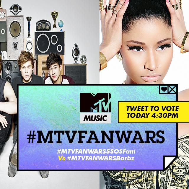 MTVAUSTRALIA's tweet photo. Are you a @5sos or @NICKIMINAJ fan? Tweet #MTVFANWARS5SOSFam or #MTVFANWARSBarbz + see it unfold at 4.30pm #MTVMusic http://t.co/Uvuzn0qmxk
