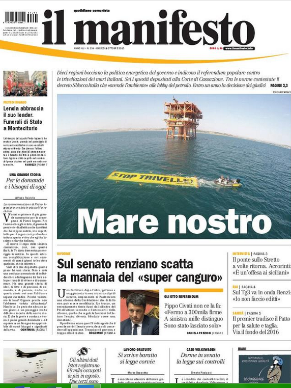 gabrielesalari's tweet photo. Bella oggi la prima pagina de @ilmanifesto su azione di @Greenpeace_ITA #NoTriv #TrivAdvisor #clima http://t.co/iz2s2NWxHu