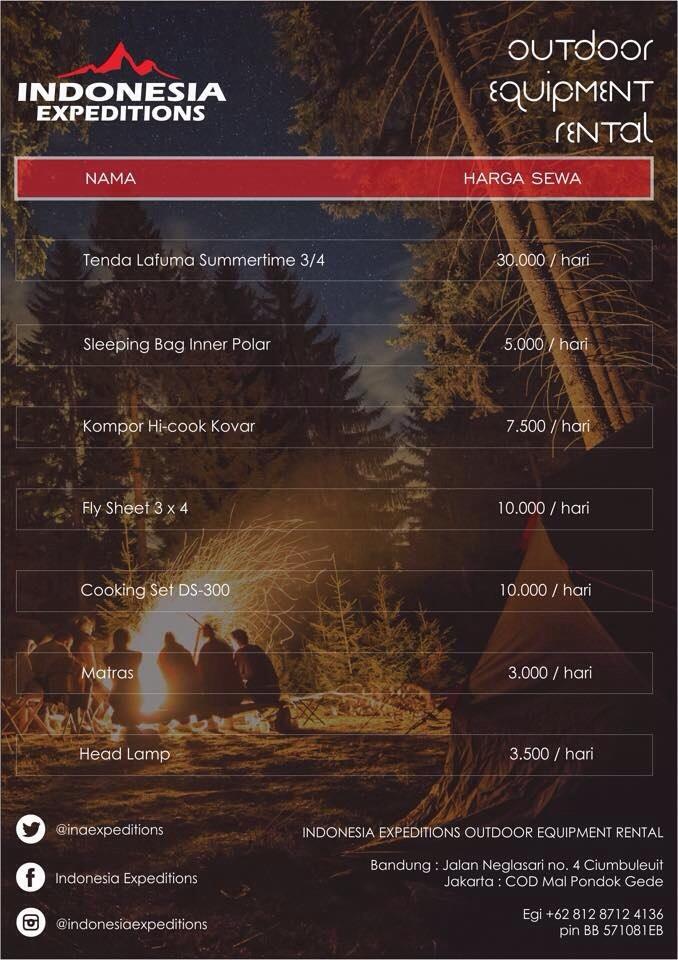 OPEN NOW!

Indonesia Expedition Outdoor Equipment Rental. Rental peralatan outdoor berkualitas dgn harga terjangkau