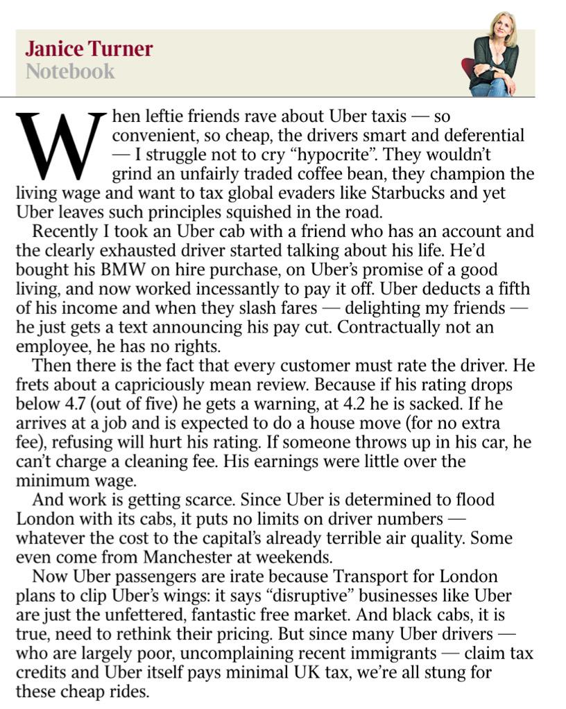 The other side of <a href="/Uber/">Uber</a> by <a href="/VictoriaPeckham/">Janice Turner</a> in this morning's <a href="/thetimes/">The Times and Sunday Times</a>