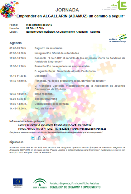 AJECordoba's tweet photo. Inscribete en las Jornadas #Emprender en #Algallarin #Adamuz del 9 octubre #JornadasMicropymes #emprendedores http://t.co/ABXr5rGpl4