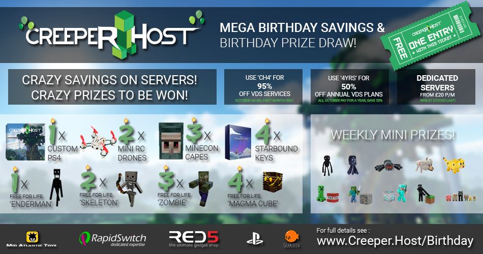 CreeperHost's tweet image. HAPPY BIRTHDAY CH! 95% OFF &amp;amp; LOADS OF PRIZES! #MINECON CAPE #PS4 #MINECRAFT TOYS - RT TO WIN - Creeper.Host