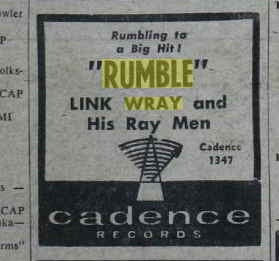 Link_Wray's tweet photo. Ad 4 RUMBLE 1958.The only rock INSTRUMENTAL banned for fear of inciting teen gang violence. #InductLink #RockHall2016 http://t.co/PEiFm6Su9L
