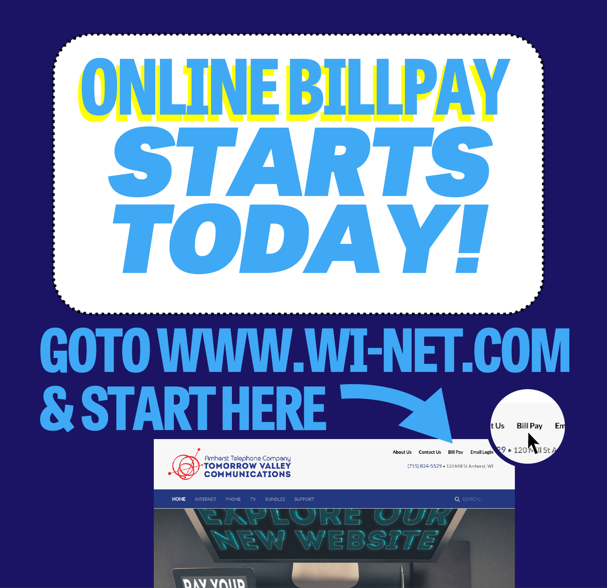 tvalleycom's tweet photo. #onlinebillpay at Amherst Telephone. Start here -> http://t.co/YnWH2gQY9n #amherstwi #centralwisconsin #internet #tv http://t.co/wRz3j3xaXK