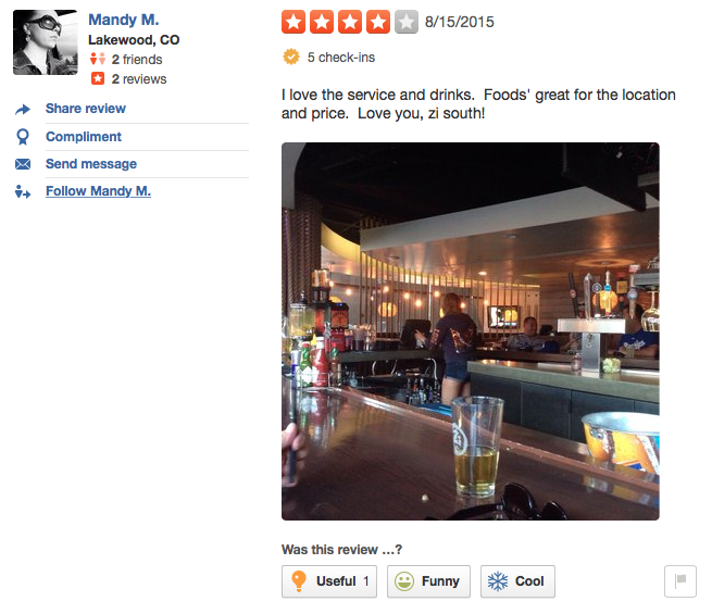 ZiSouth's tweet photo. We love @Yelp reviews like this! Thanks for taking the time &amp; let us know how we're doing here at @ZiSouth! #ZiSouth https://t.co/kdaFWZw7cw