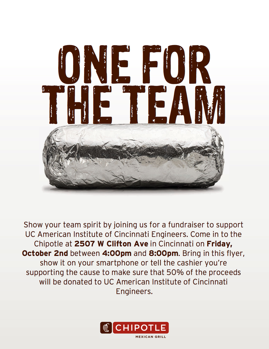 AIChE_Bearcats's tweet photo. We are giving away 2 $5 gift cards to Chipotle to be used this Friday during our fundraiser! RT and follow to enter! http://t.co/wpz1cL6yLP