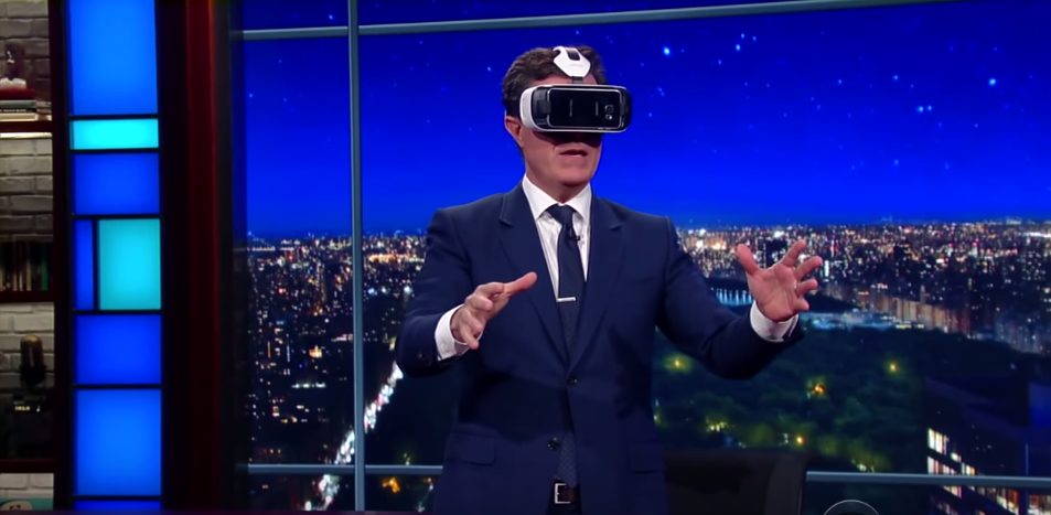 ID_R_McGregor's tweet photo. Stephen Colbert tries on @Oculus / @Samsung's Gear VR.  He wears it for a full 3 minutes!

https://t.co/5dmDLrjklH http://t.co/LRaCILMxP0