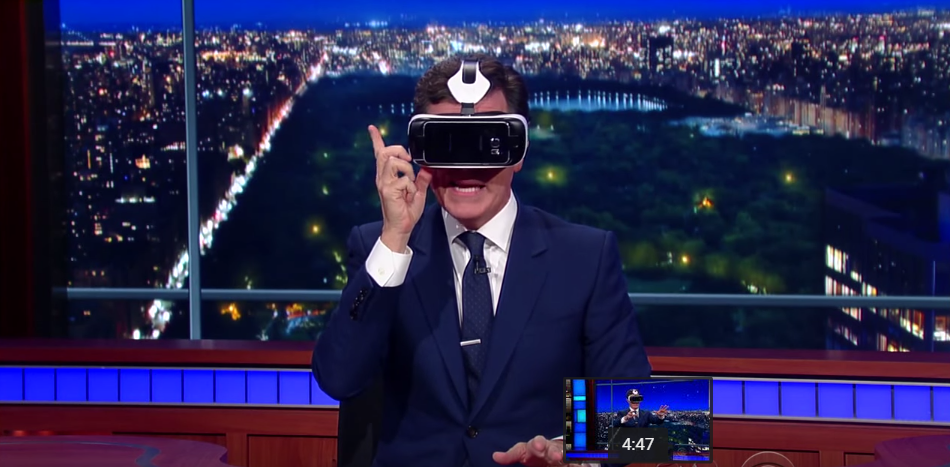 ID_R_McGregor's tweet photo. Stephen Colbert tries on @Oculus / @Samsung's Gear VR.  He wears it for a full 3 minutes!

https://t.co/5dmDLrjklH http://t.co/LRaCILMxP0