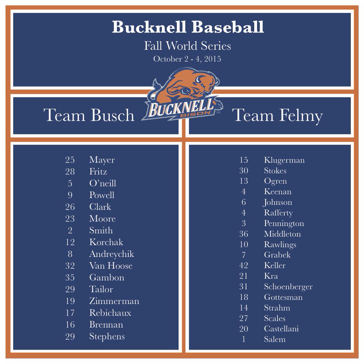 Bucknell_BB's tweet photo. Come out and support the team at this weekend's Fall World Series. #teambusch and #teamfelmy are ready. http://t.co/DHlssTTSnE