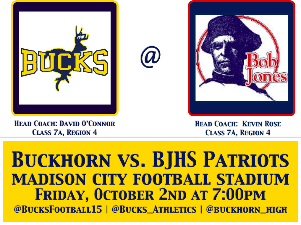 Buckhorn_High's tweet photo. Big game tomorrow night against the BJHS Patriots!! Come out and support @BucksFootball15 #1bUckS @Buckhorn2016 http://t.co/LsJSkUrRNc