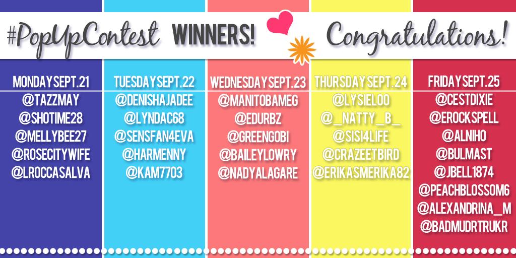 Carefree_CA's tweet photo. Congratulations to the lucky winners of last week's fab daily giveaways! We hope you love your #PopUpContest prizes! https://t.co/C5RUwq1gWl
