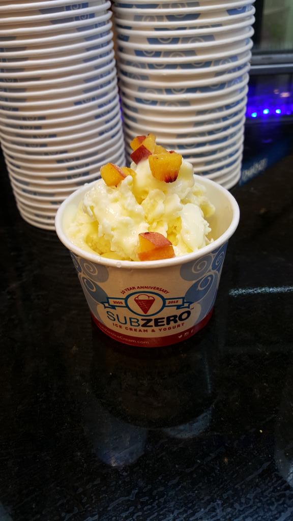 SubZeroNc's tweet image. Yummy!  Flavor of the day is Lemon!  It tastes like a pound cake, shown here w/fresh peaches!  Come in for 50% off!