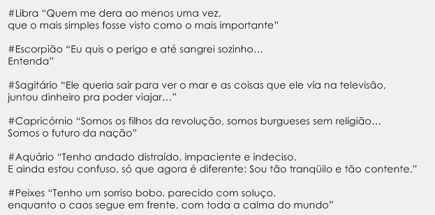 _CaoDorgado's tweet photo. Trechos do Legião Urbana para cada signo 2/2 https://t.co/dMjkfaCjGW