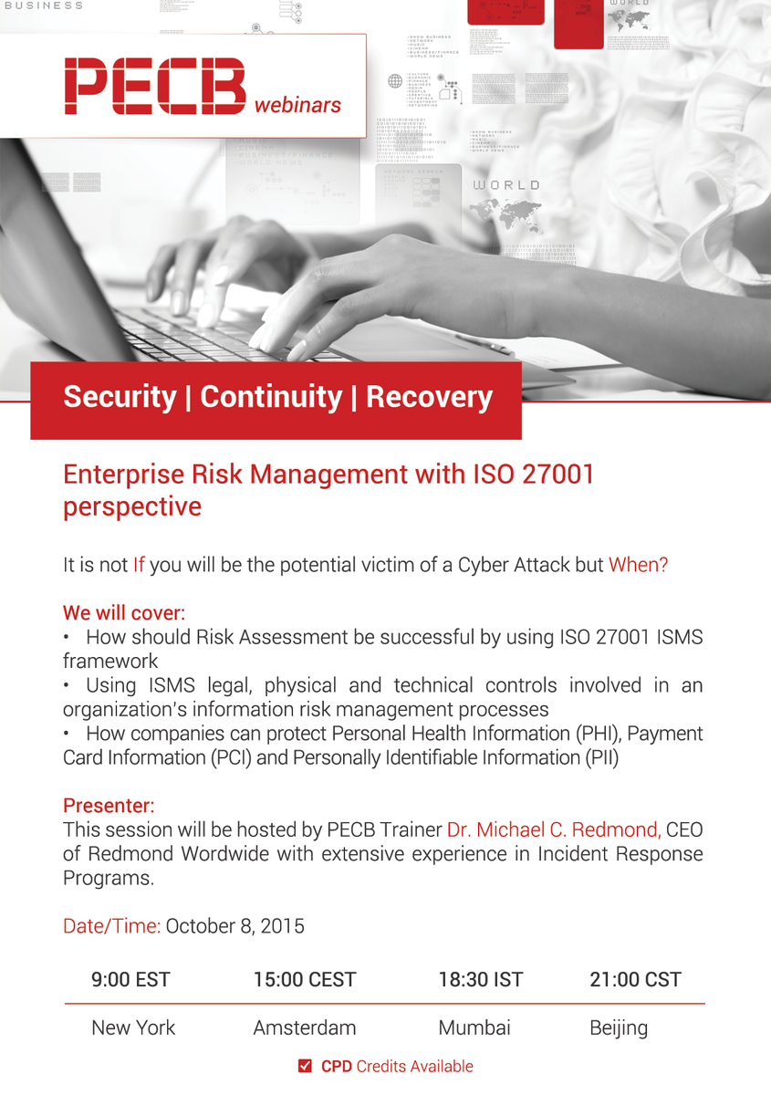 Intex_IT's tweet photo. #PECBwebinar #ISO27001 @PECB #ISMSframework on Thursday, October 8. Participate for free: http://t.co/fLvXpjxQL4 http://t.co/8Gd1Rd26H0