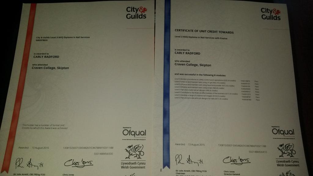 CarlyRadford10's tweet photo. Certificates arrived it's all official #Level3Qualified #NailTechnician #HardWorkPaysOff 😄😄 http://t.co/fw57ABNXXb