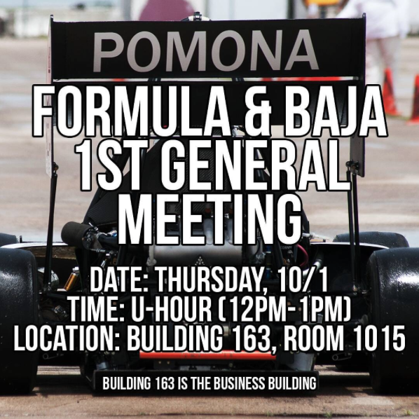 CPPFSAE's tweet photo. Our first meeting of the year is today at U-Hour! See what Formula SAE and Baja SAE have to offer. @cppengineering http://t.co/6tskAfEmNB