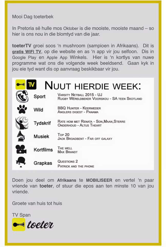 #toeterTV se program is weer volgepak met vermaak uit die boonste rakke insluitende ons eie #toeterTop20.